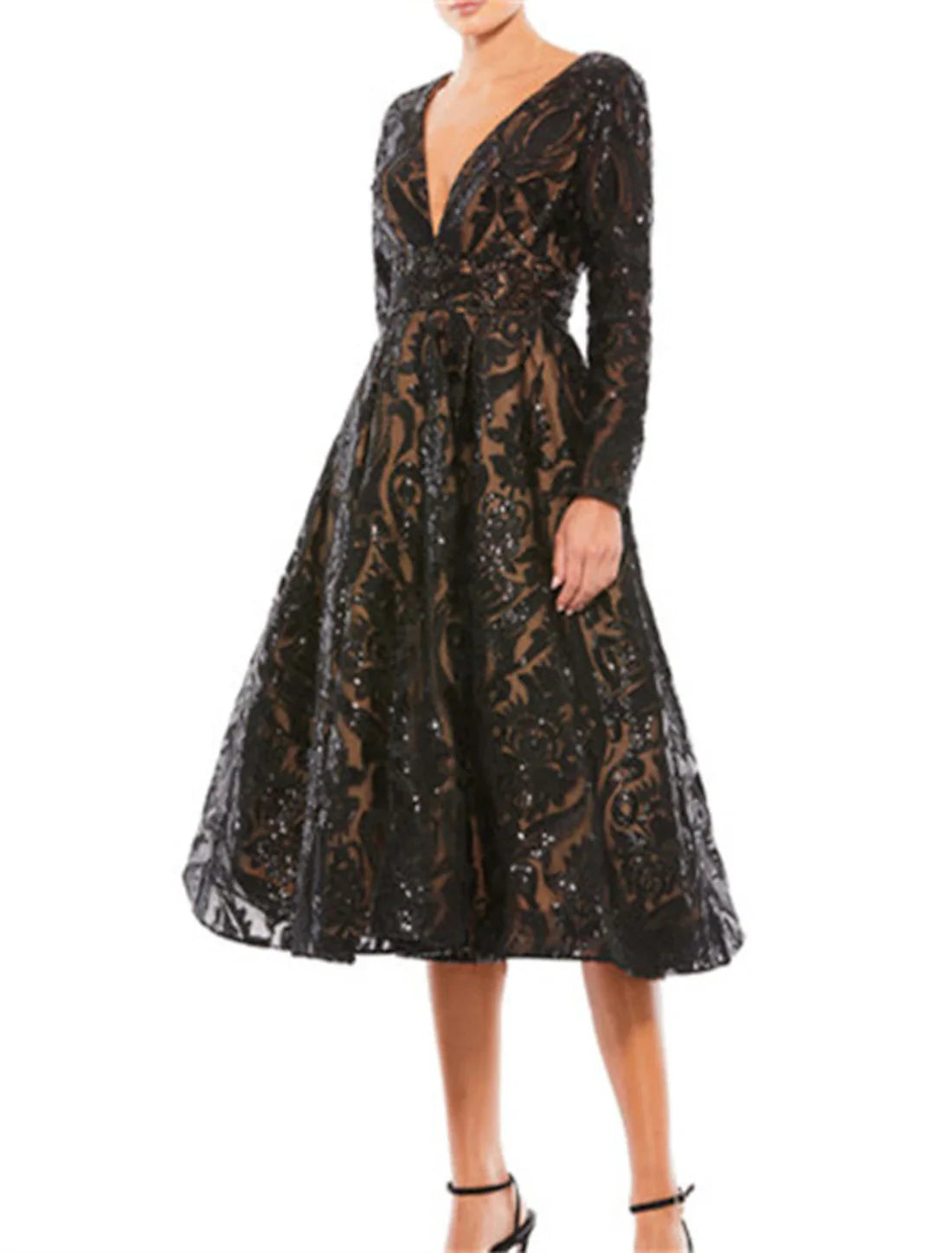 Luolandi A-Line Cocktail Dresses Party Dress Wedding Guest Wedding Party Knee Length Long Sleeve V Neck Sequined with Crystals Sequin Mother of the Bride Dress